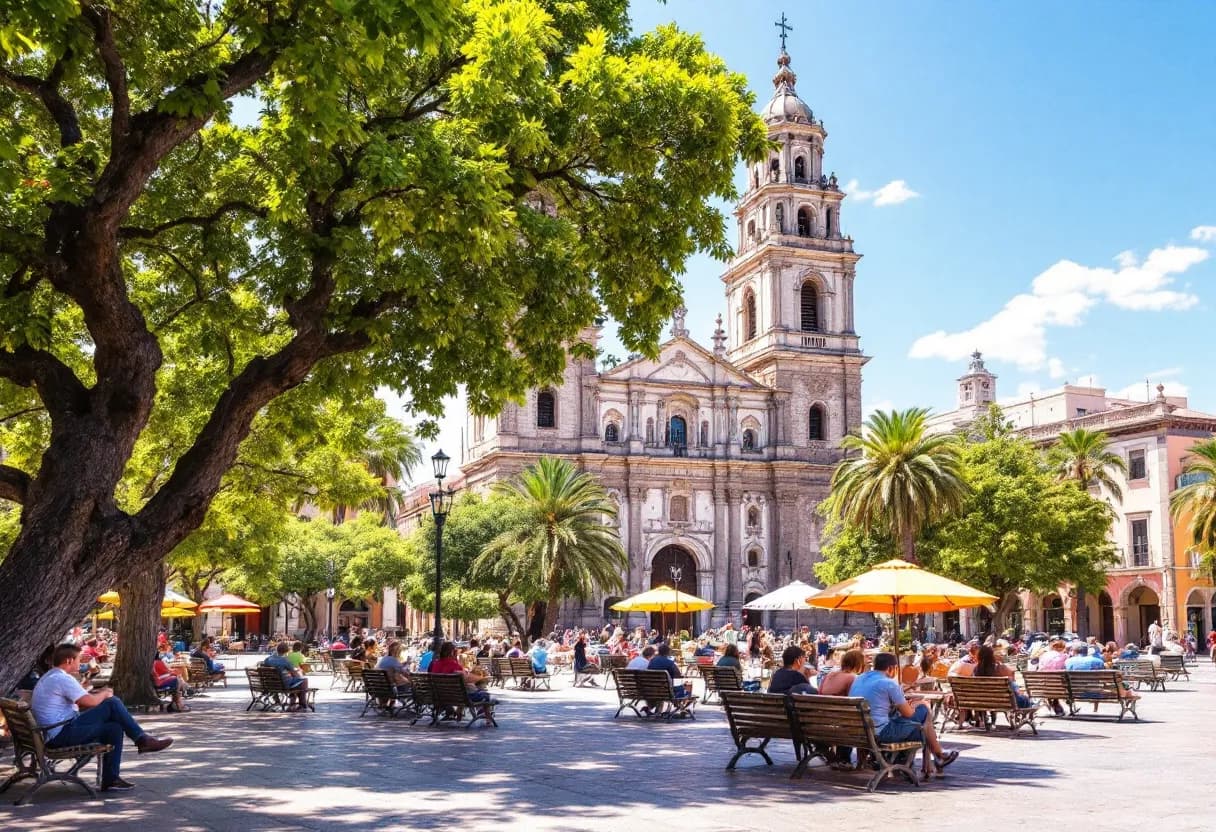 Zonnig gezicht op het Plaza Grande in Mérida, Mexico, met de iconische kathedraal van Mérida op de achtergrond, omringd door palmbomen en kleurrijke gebouwen, terwijl locals ontspannen op de bankjes onder de schaduwrijke bomen.
