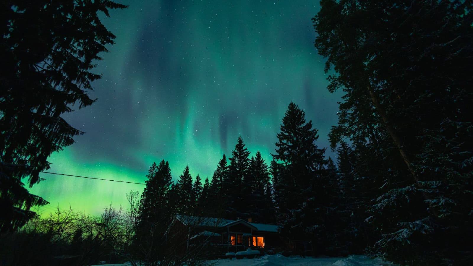 Green aurora borealis over a forest cabin.