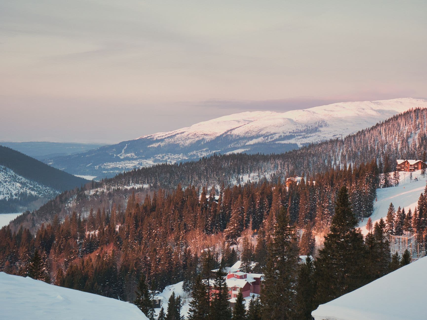 Wintersportgebied tussen besneeuwde bossen in Zweden